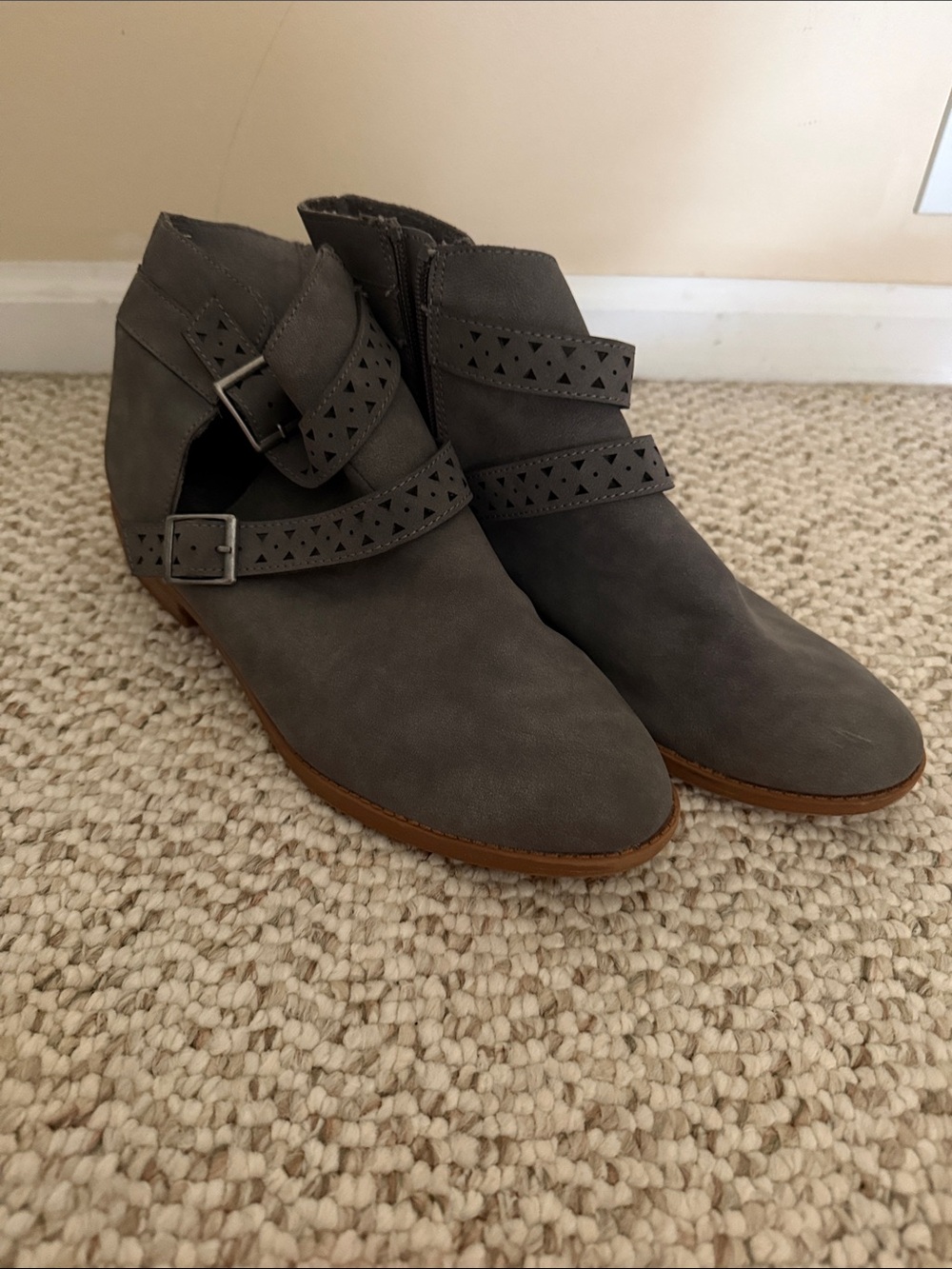Women's Gray Suede Ankle Booties with Buckle Straps